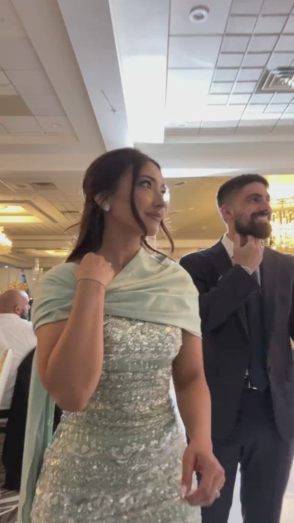 Luxury Sage Green Beaded Evening Dress with Cape LA72126B