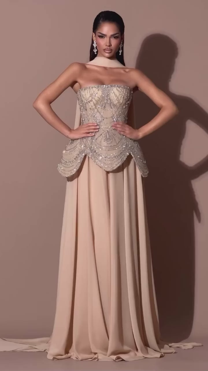 Luxury Designer Nude Beaded Chiffon Evening Dress LA72915