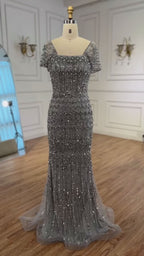 Luxury Dubai White Mermaid Beaded Evening Dress with  Cape Sleeves LA72714