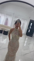 Luxury Silver Nude Beaded Elegant Mermaid Evening Dress LA73482