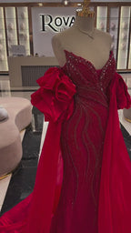 Red Trapless Mermaid Beaded Evening Dress with Cape LA72896