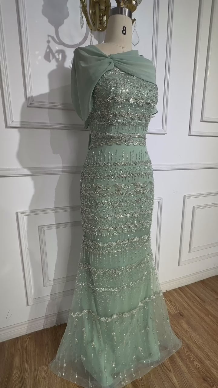 Luxury Sage Green Beaded Evening Dress with Cape LA72126B
