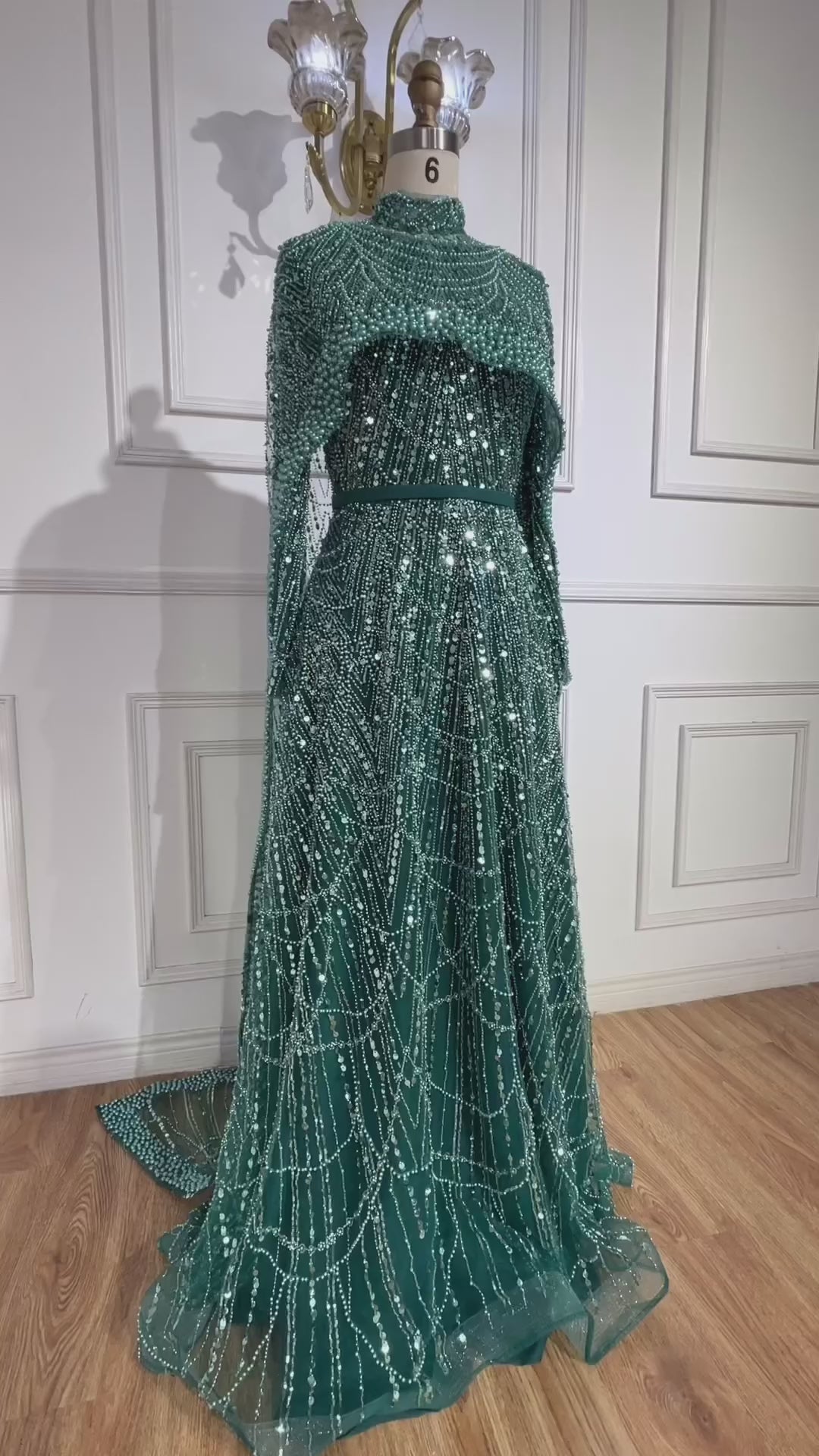 Luxury Modest Sage Green Evening Dress with Pearls LA72032B