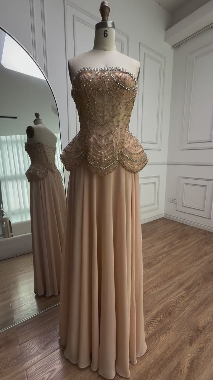 Luxury Designer Nude Beaded Chiffon Evening Dress LA72915
