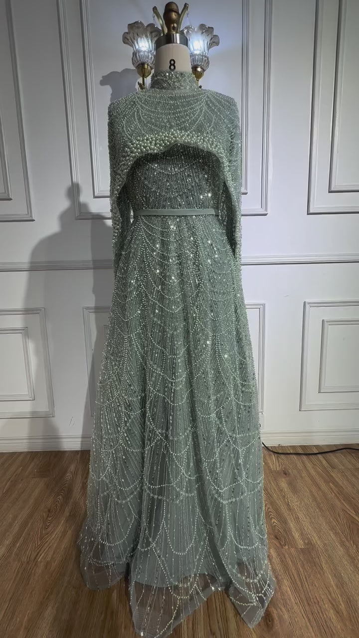 Luxury Modest Sage Green Evening Dress with Pearls LA72032B