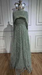 Luxury Modest Sage Green Evening Dress with Pearls LA72032B