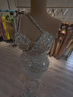Luxury Silver Nude One Shoulder Pearls Beaded Gowns LA73371