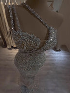 Luxury Silver Nude One Shoulder Pearls Beaded Gowns LA73371