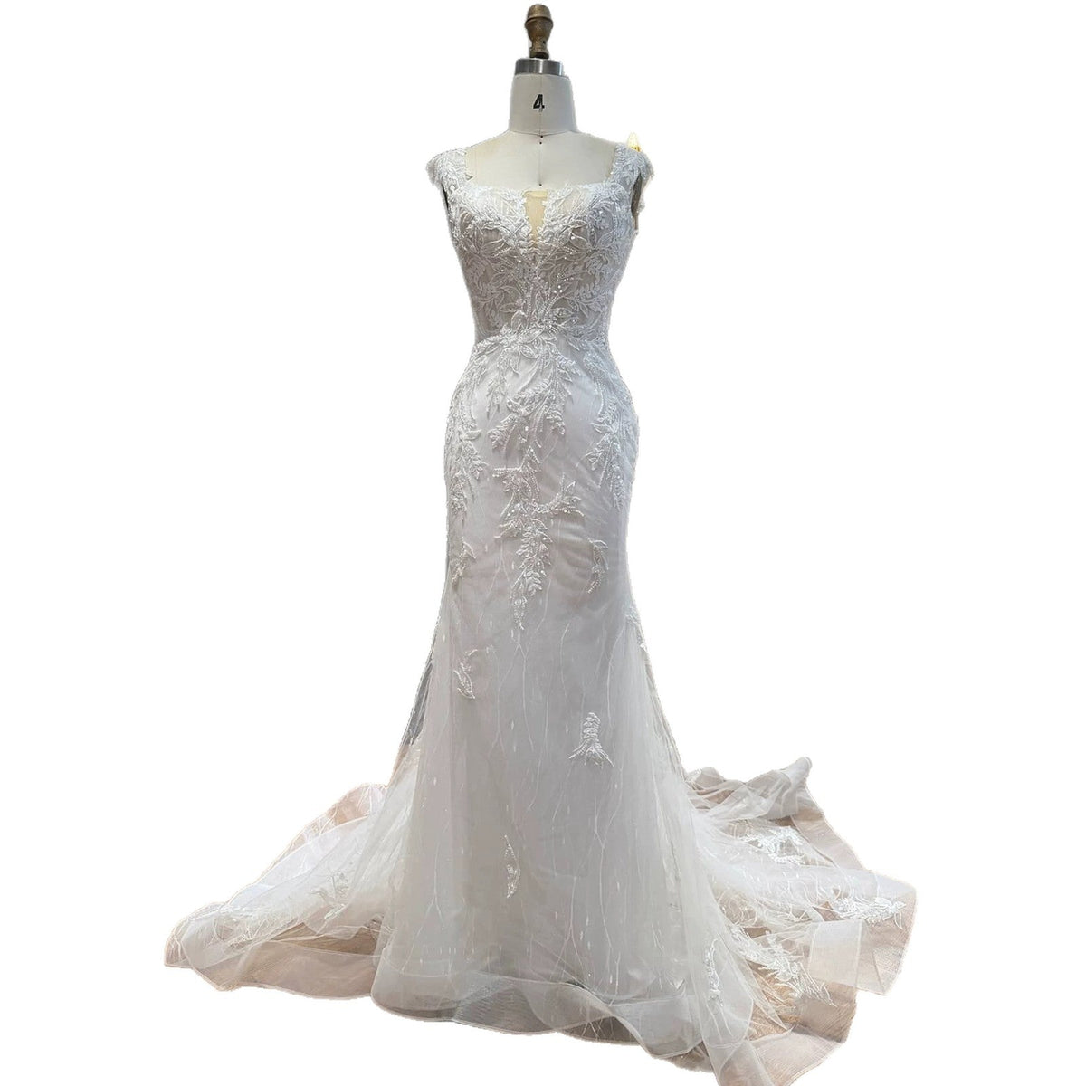 White Beaded Lace Cap Sleeve Mermaid Wedding Dress HA2558