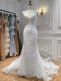 White Beaded Lace Cap Sleeve Mermaid Wedding Dress HA2558