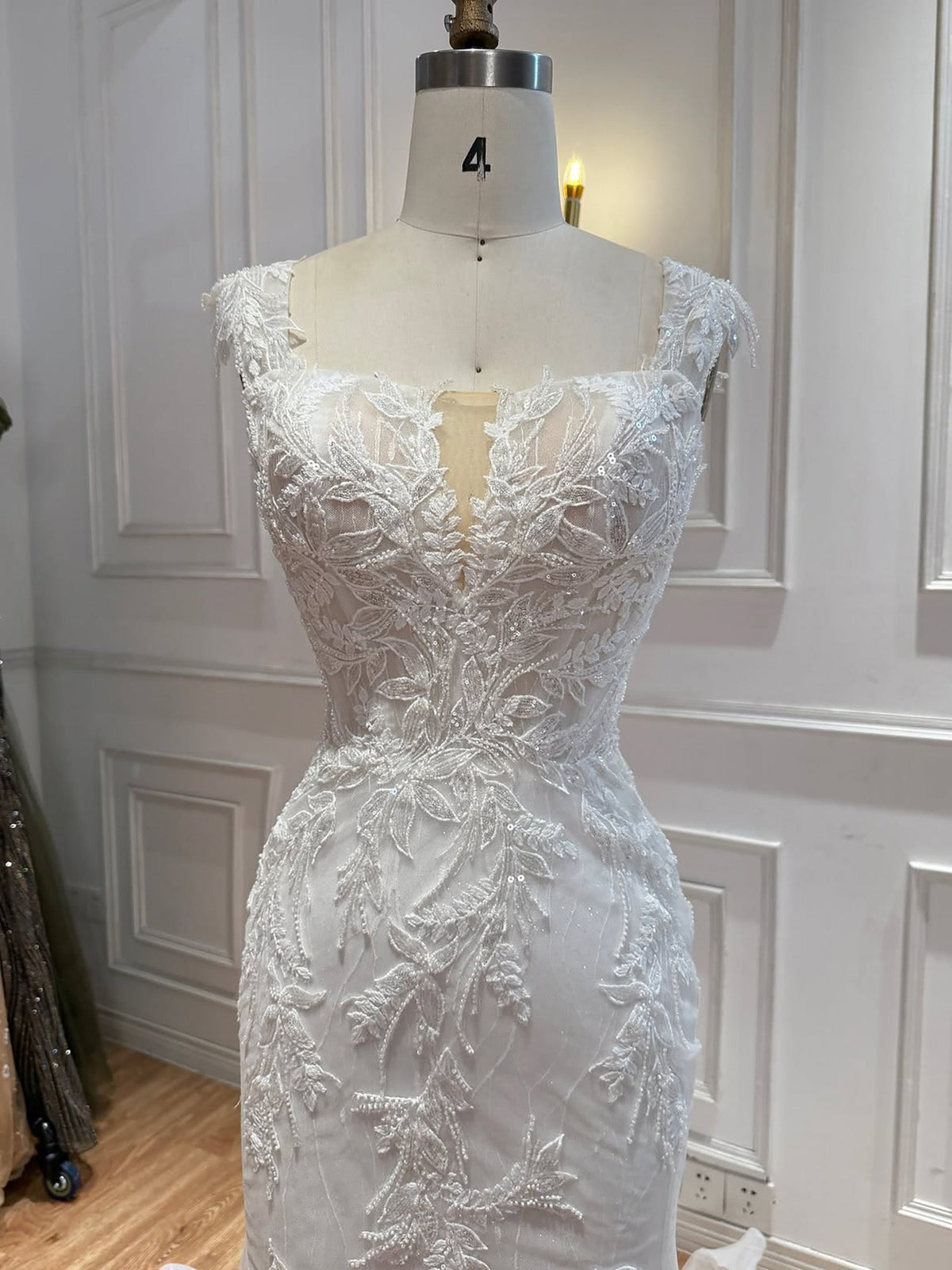 White Beaded Lace Cap Sleeve Mermaid Wedding Dress HA2558