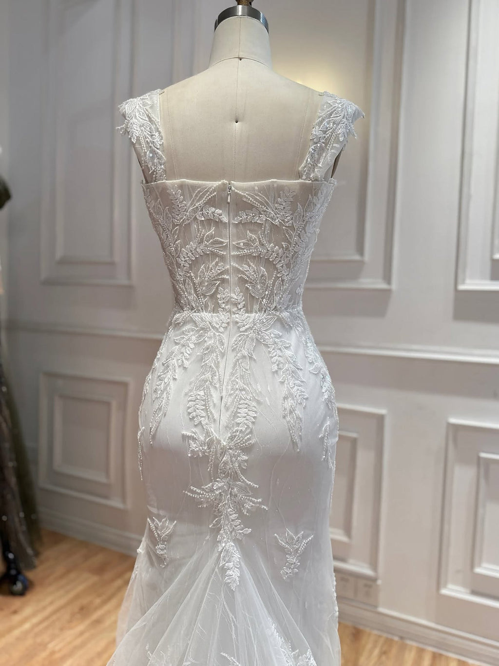 White Beaded Lace Cap Sleeve Mermaid Wedding Dress HA2558