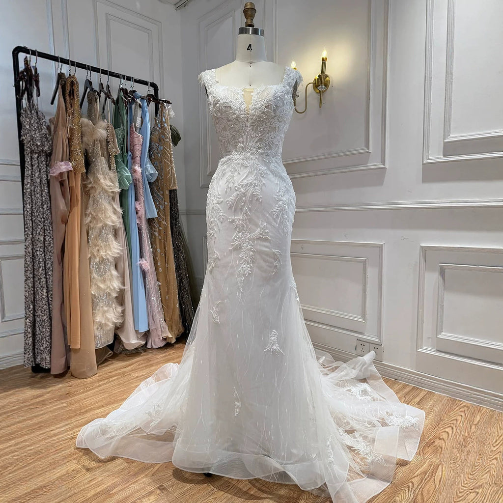 White Beaded Lace Cap Sleeve Mermaid Wedding Dress HA2558