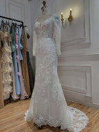 Elegant White Floral Lace Long Sleeve Mermaid Wedding Dress HA2559