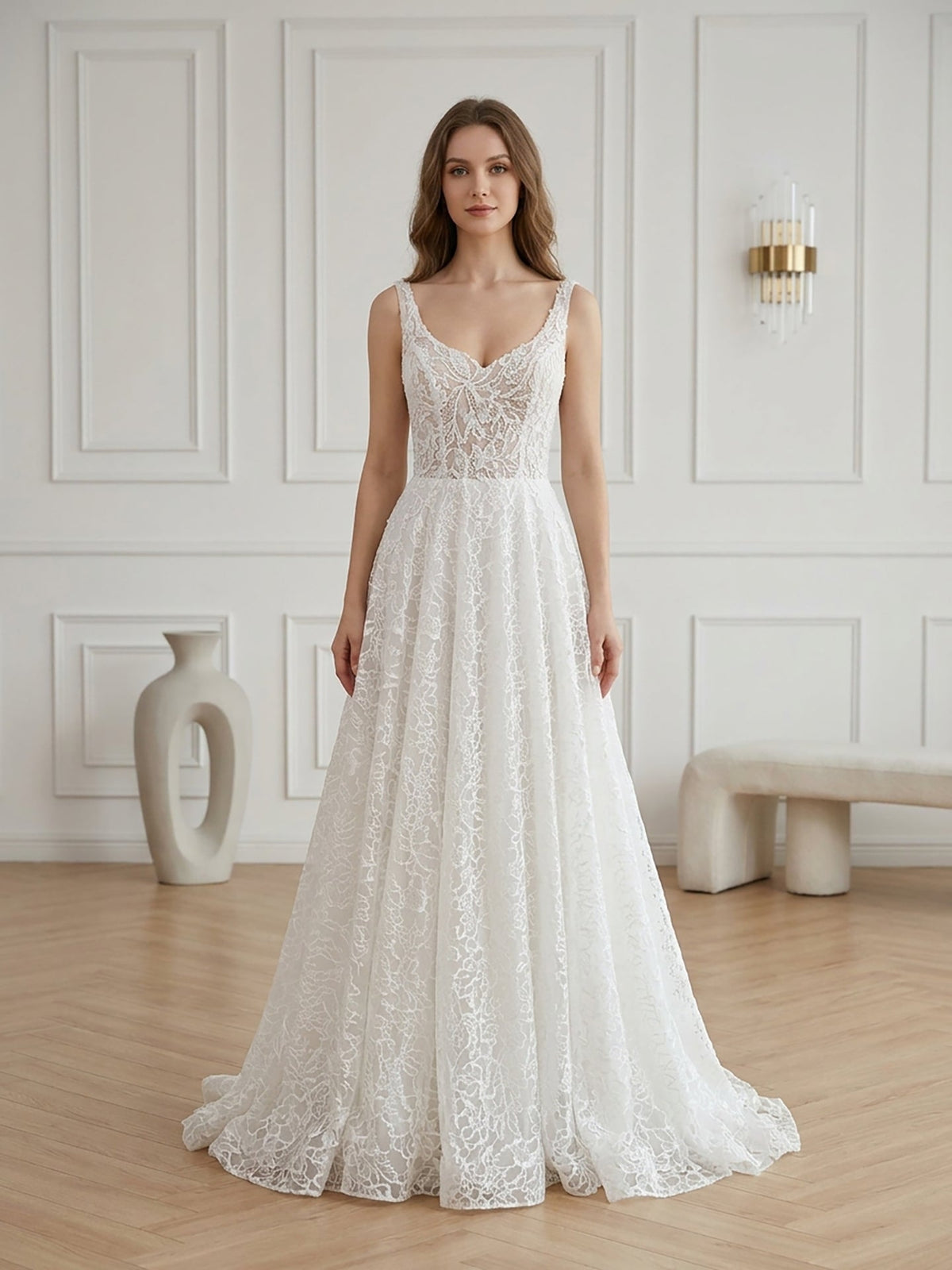 Luxury White Lace Spaghetti Strap A Line Wedding Dress HA2565