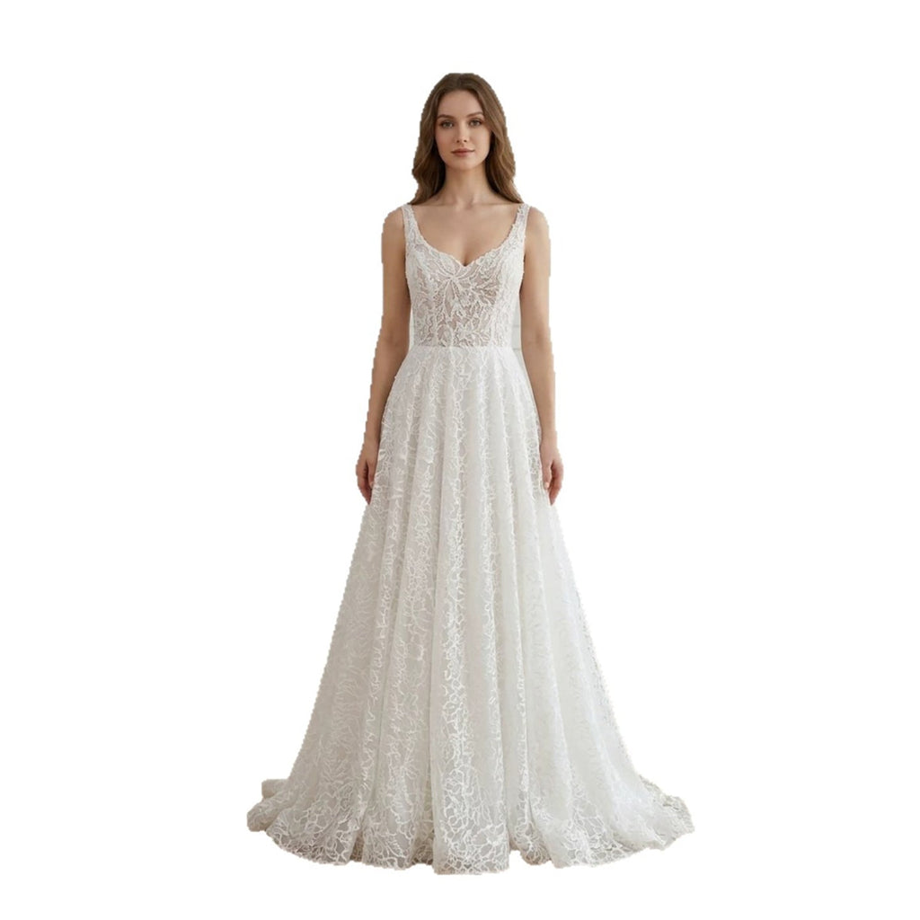 Luxury White Lace Spaghetti Strap A Line Wedding Dress HA2565