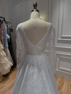 Elegant White Lace Long Sleeve V Neck Wedding Dress HA2581