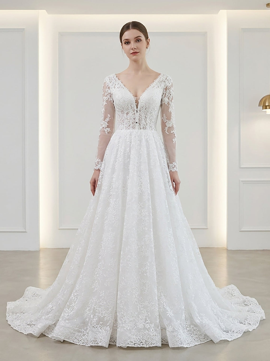 Elegant White Lace Long Sleeve V Neck Wedding Dress HA2581