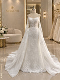 White Lace Off Shoulder Long Sleeve A Line Wedding Dress HA2596
