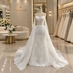 White Lace Off Shoulder Long Sleeve A Line Wedding Dress HA2596