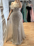 Dubai Luxury Beaded Blue Mermaid Evening Dress Gown with Overskirt LA71634