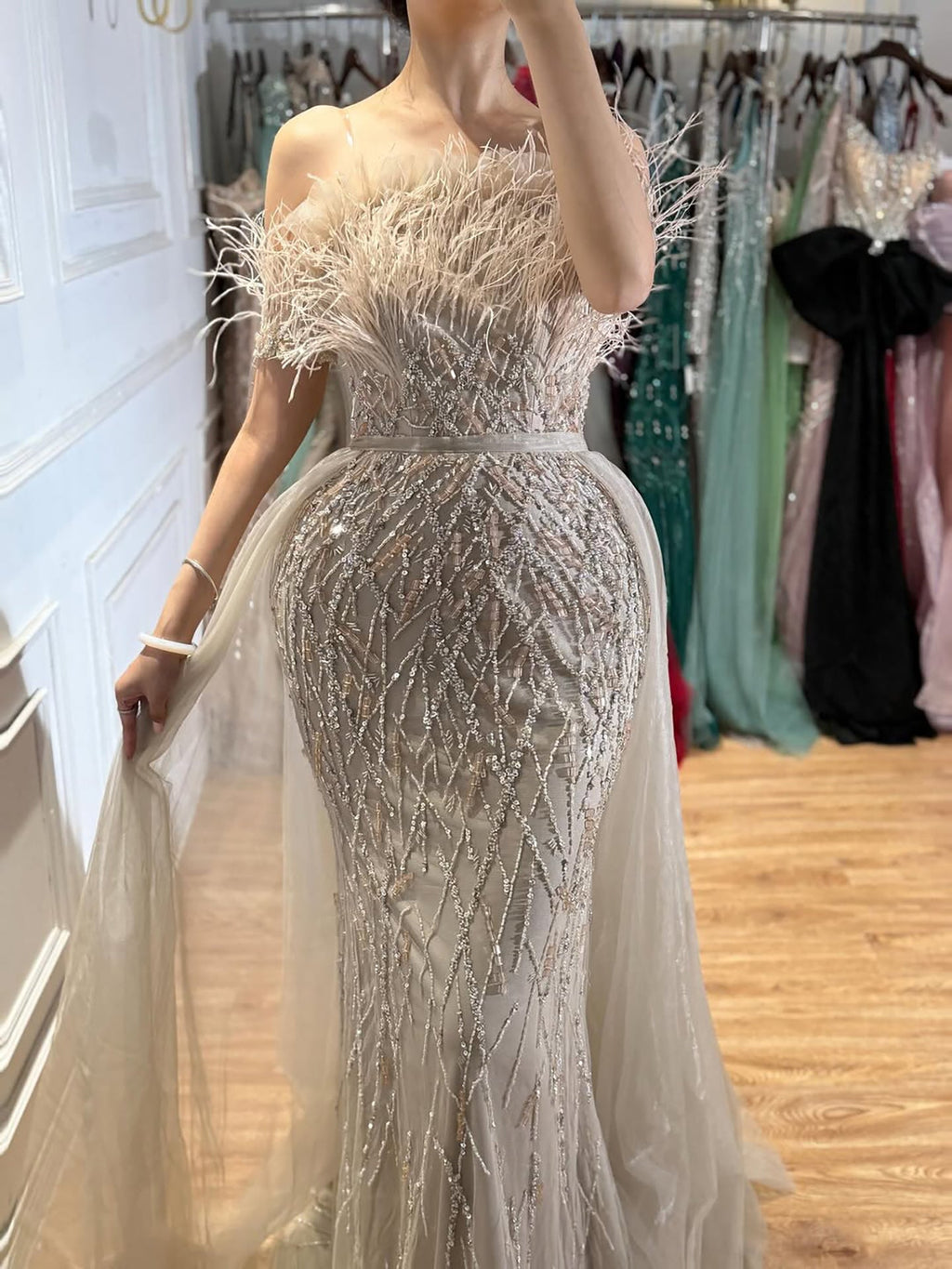 Dubai Luxury Beaded Blue Mermaid Evening Dress Gown with Overskirt LA71634