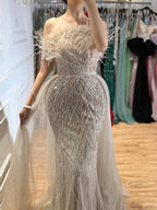 Dubai Luxury Beaded Blue Mermaid Evening Dress Gown with Overskirt LA71634