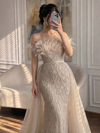 Dubai Luxury Beaded Blue Mermaid Evening Dress Gown with Overskirt LA71634