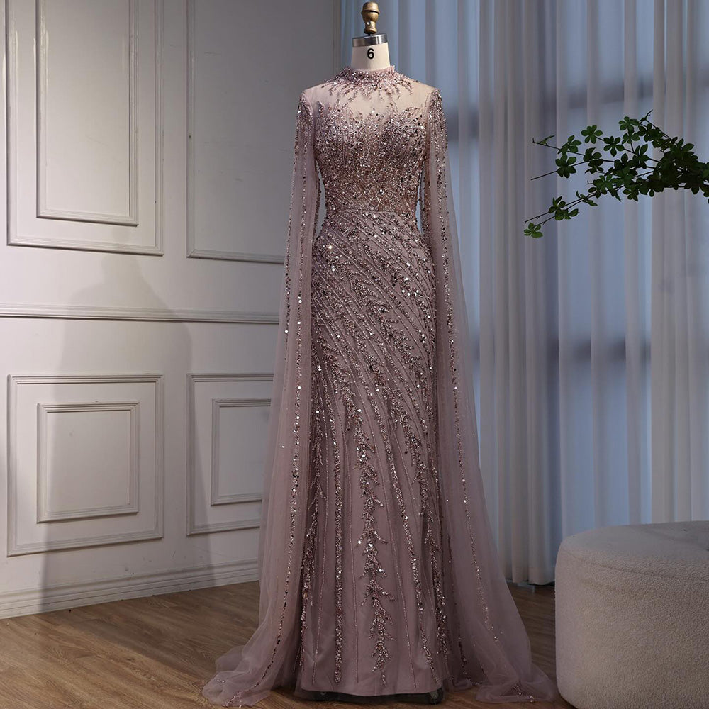 Luxury Nude Mermaid Evening Dress with Cape Sleeves LA71885A