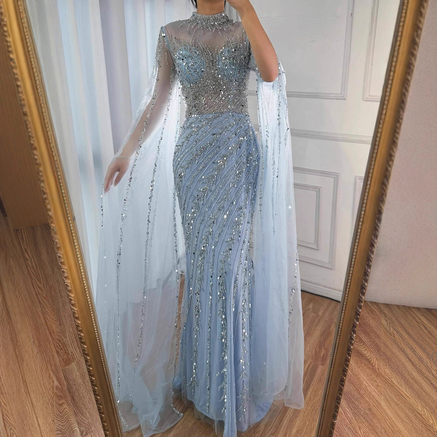 Luxury Nude Mermaid Evening Dress with Cape Sleeves LA71885A