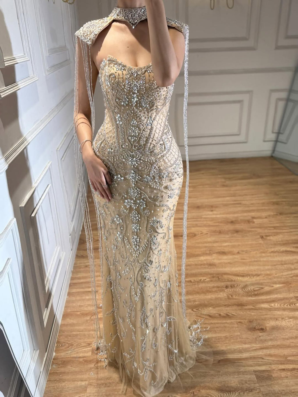 Arabic Nude Mermaid Tassel Beaded Luxury Evening Dress Gown LA72237
