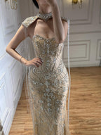 Arabic Nude Mermaid Tassel Beaded Luxury Evening Dress Gown LA72237