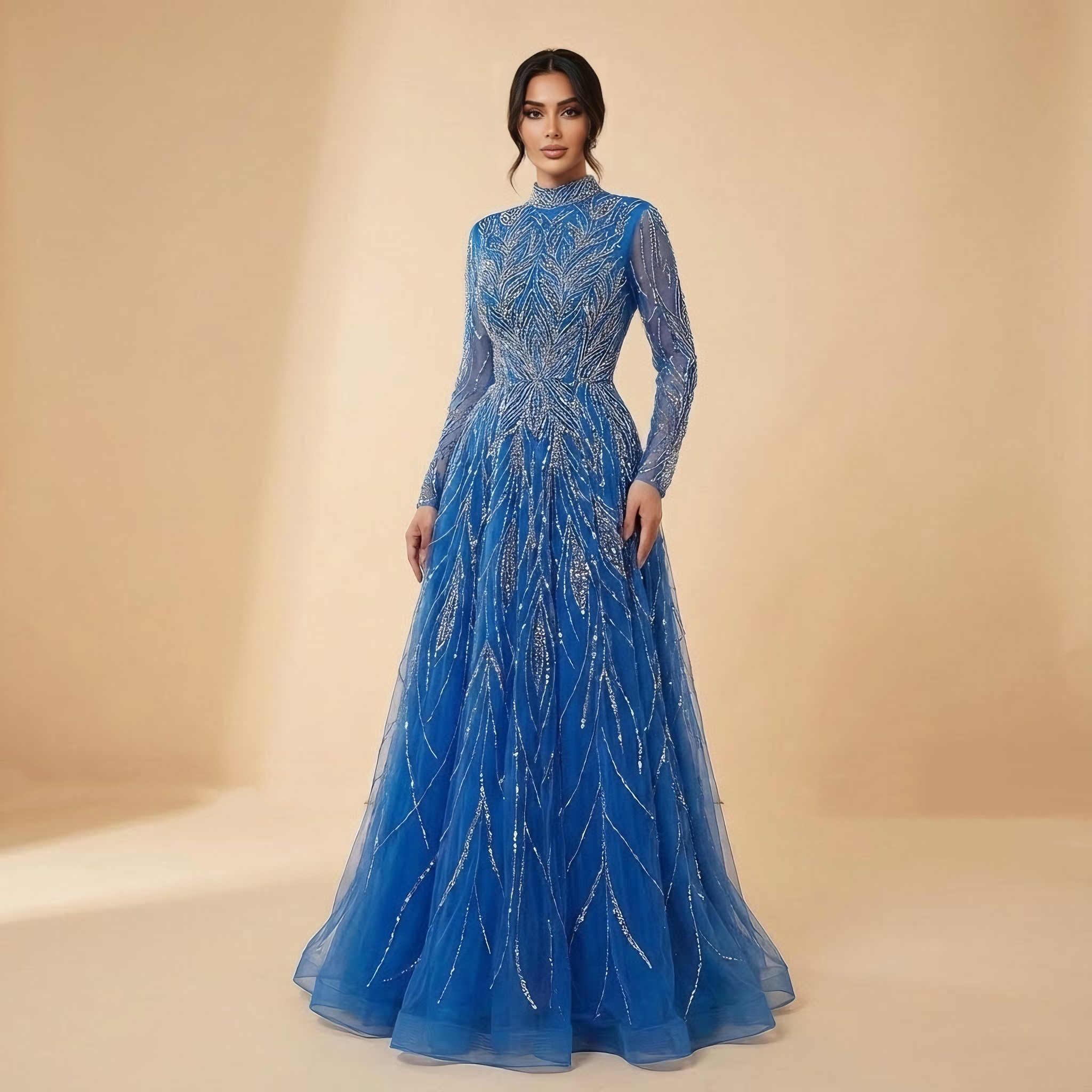 Luxury Muslim Blue A-Line Beaded Dubai Evening Dress LA72302A - SERENE HILL