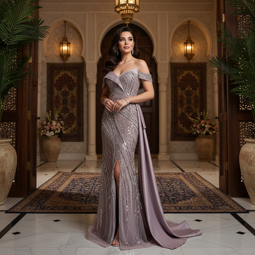 Luxurious mauve party gown with split