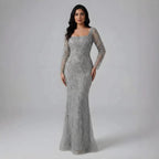 Luxury Beaded Pink Square Collar Long Sleeves Mermaid Evening Dress LA72413B