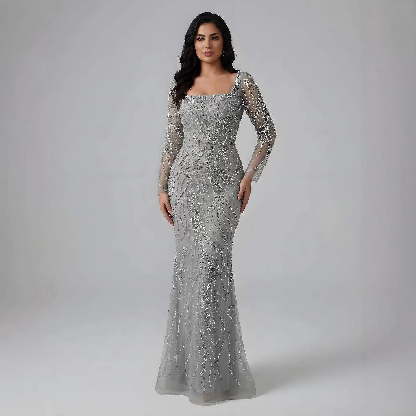 Luxury Beaded Pink Square Collar Long Sleeves Mermaid Evening Dress LA72413B