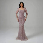 Luxury Beaded Pink Square Collar Long Sleeves Mermaid Evening Dress LA72413B