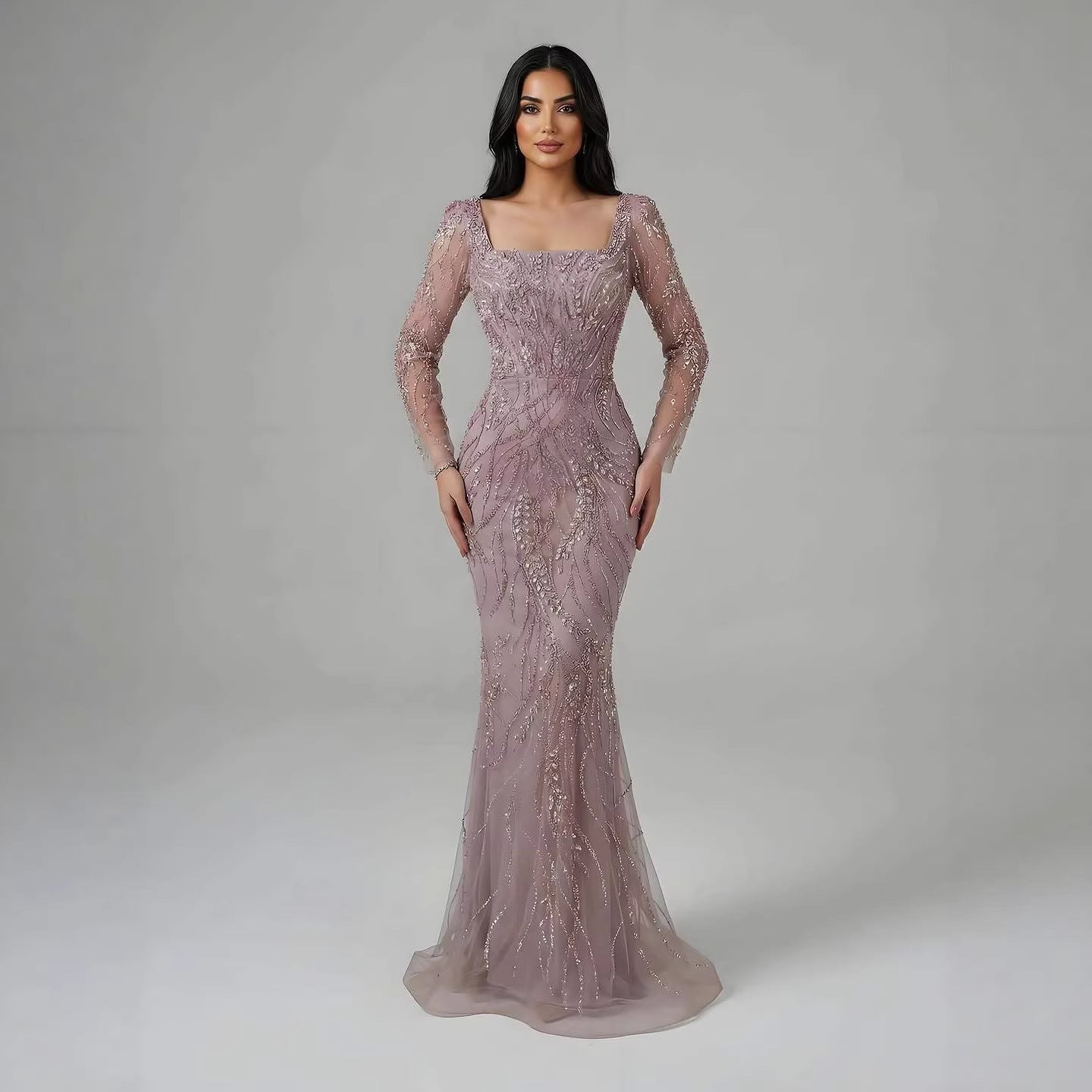 Luxury Beaded Pink Square Collar Long Sleeves Mermaid Evening Dress LA72413B