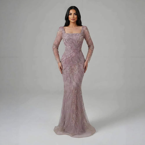 Luxury Beaded Pink Square Collar Long Sleeves Mermaid Evening Dress LA72413B