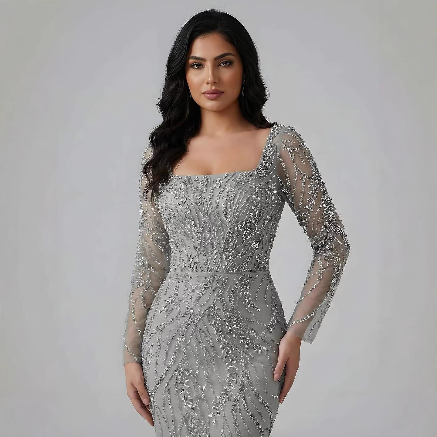 Luxury Beaded Pink Square Collar Long Sleeves Mermaid Evening Dress LA72413B