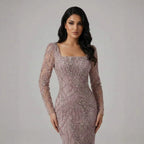 Luxury Beaded Pink Square Collar Long Sleeves Mermaid Evening Dress LA72413B