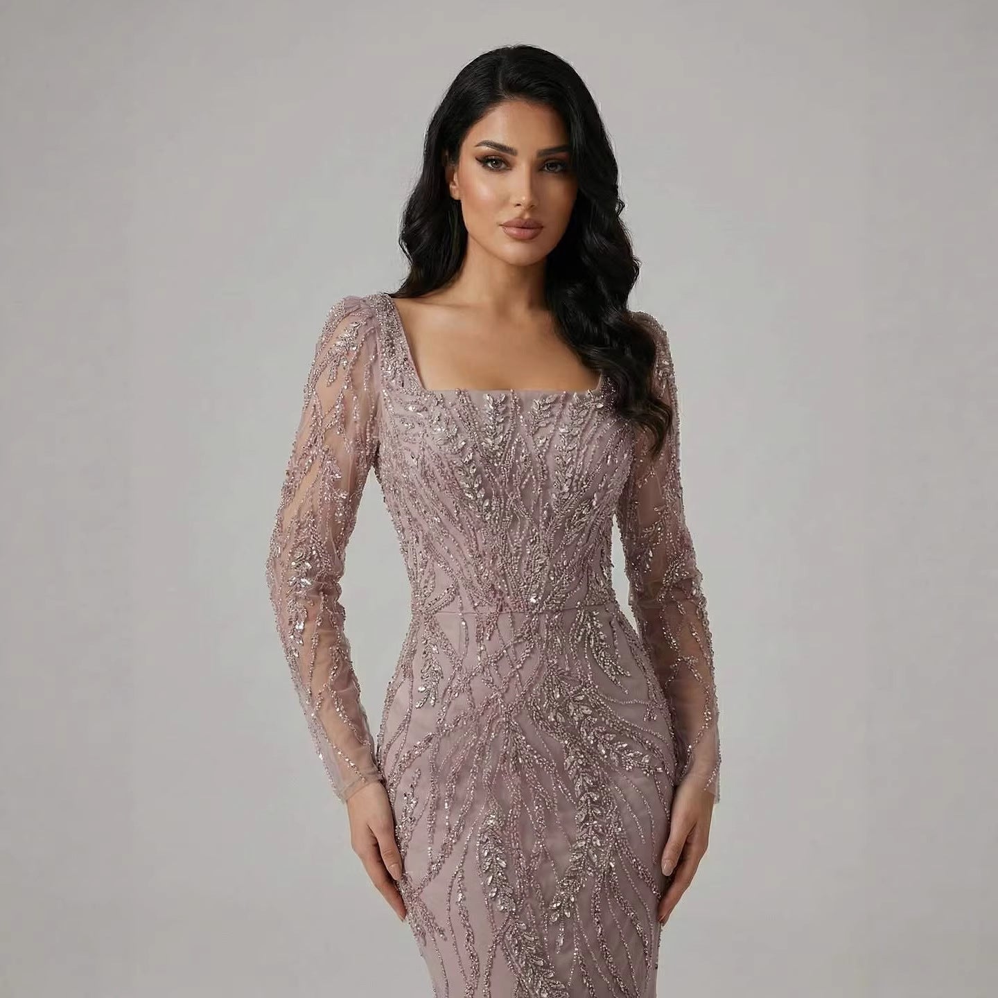 Luxury Beaded Pink Square Collar Long Sleeves Mermaid Evening Dress LA72413B