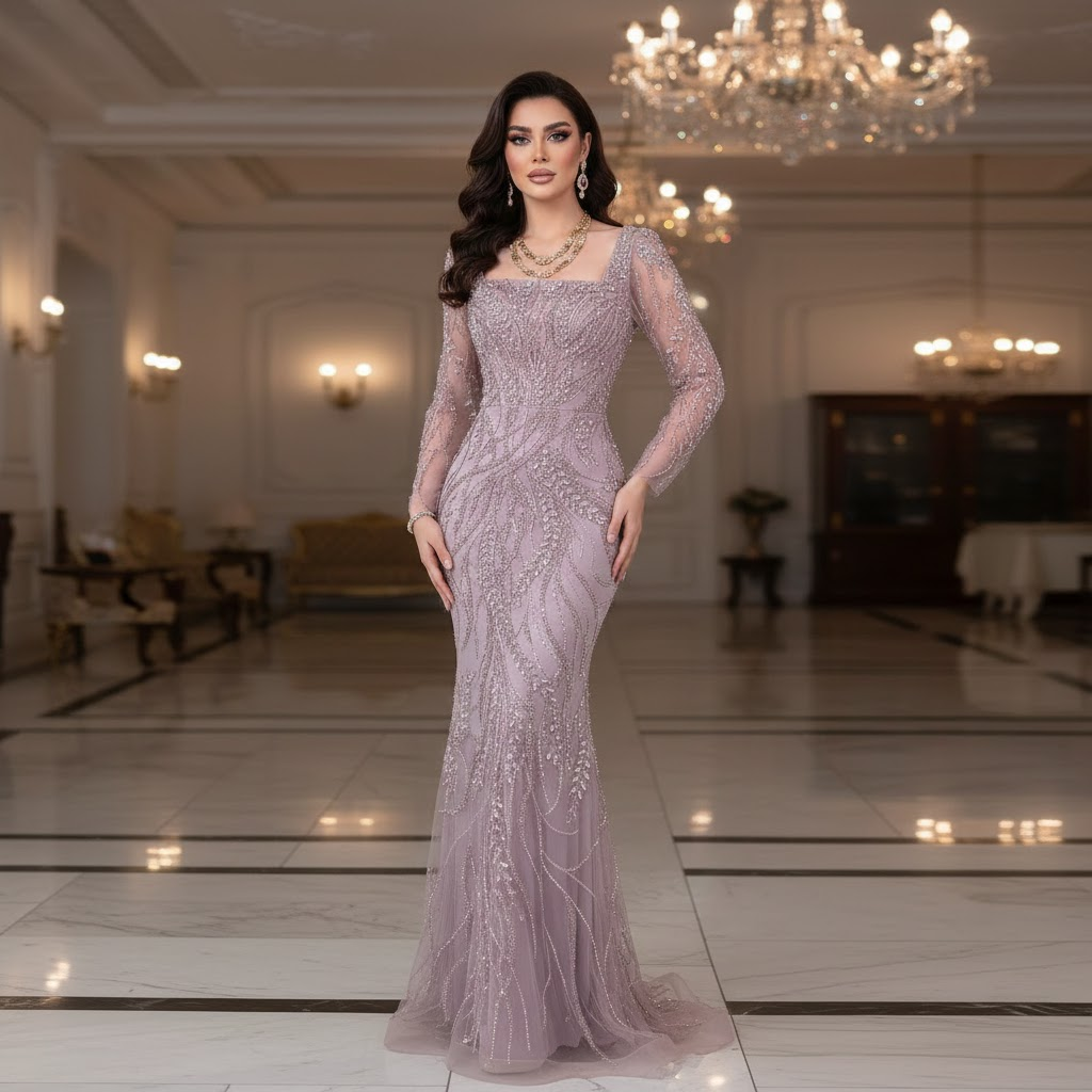 Pink Mermaid Beaded Evening Dress Front