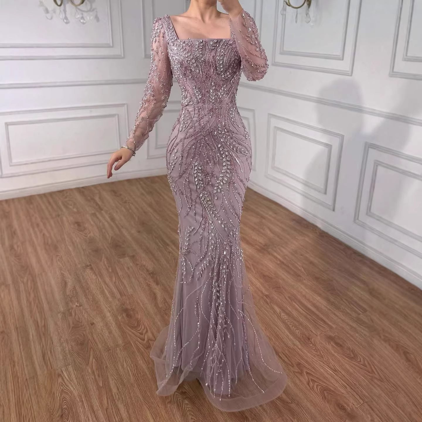 Luxury Beaded Pink Square Collar Long Sleeves Mermaid Evening Dress LA72413B