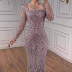 Luxury Beaded Pink Square Collar Long Sleeves Mermaid Evening Dress LA72413B