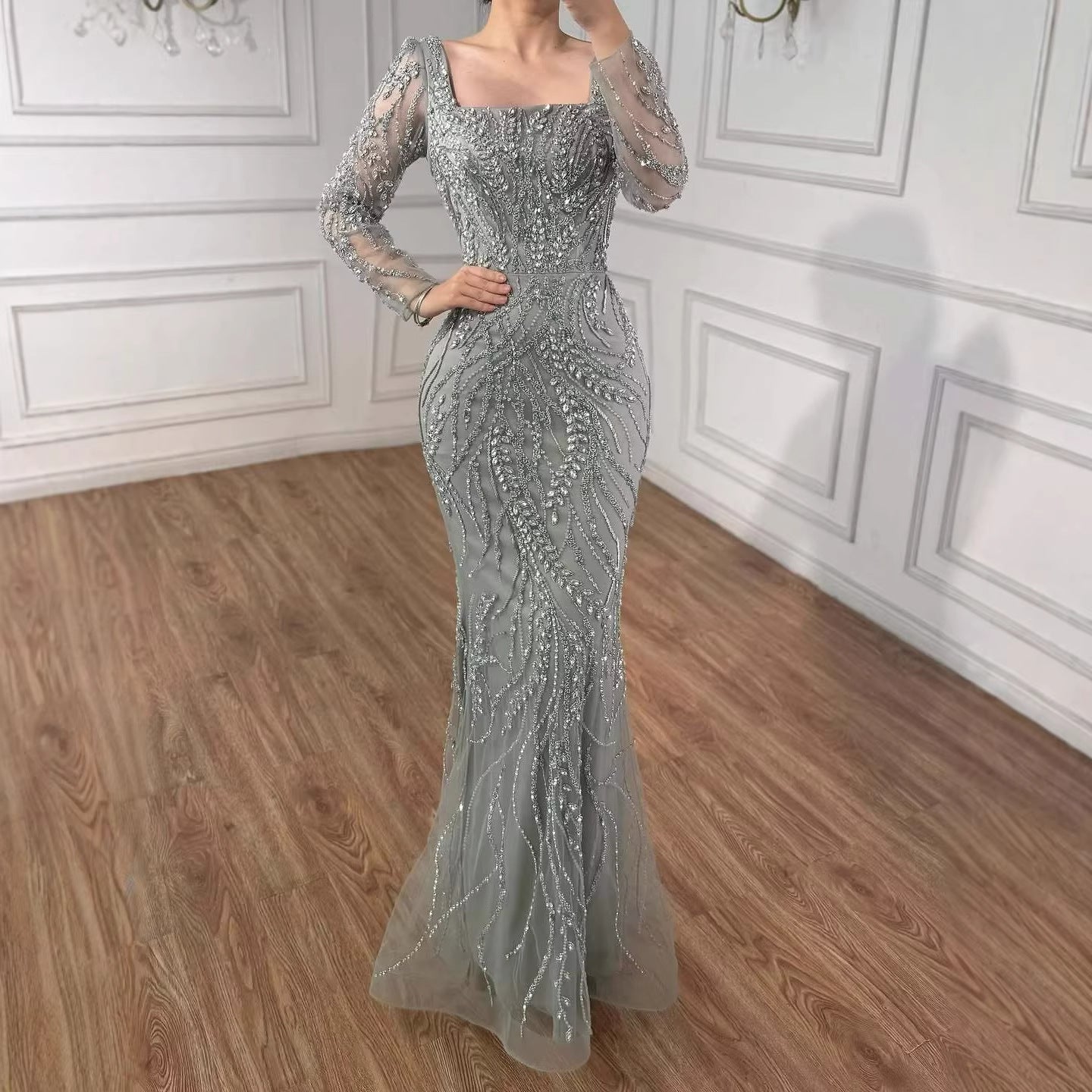 Luxury Beaded Pink Square Collar Long Sleeves Mermaid Evening Dress LA72413B