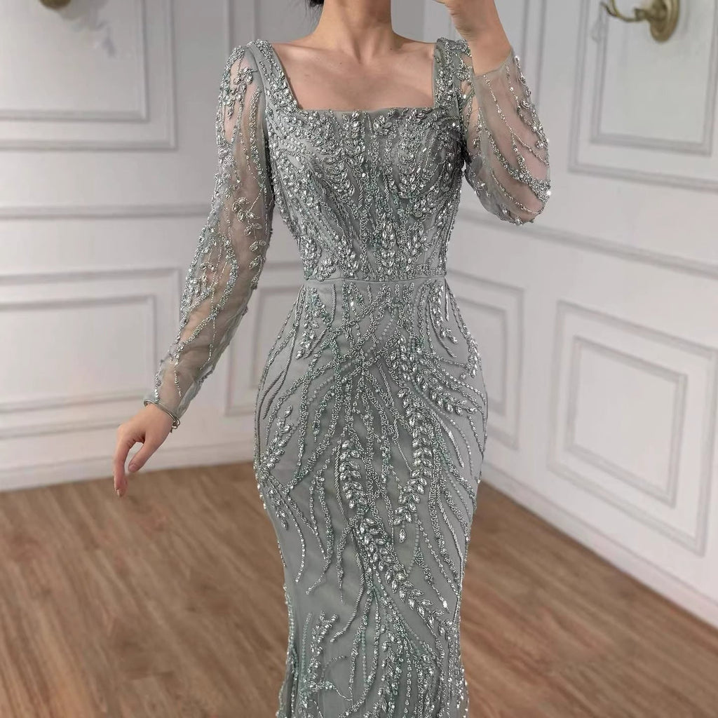 Luxury Beaded Pink Square Collar Long Sleeves Mermaid Evening Dress LA72413B