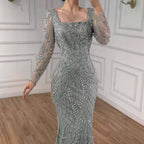 Luxury Beaded Pink Square Collar Long Sleeves Mermaid Evening Dress LA72413B