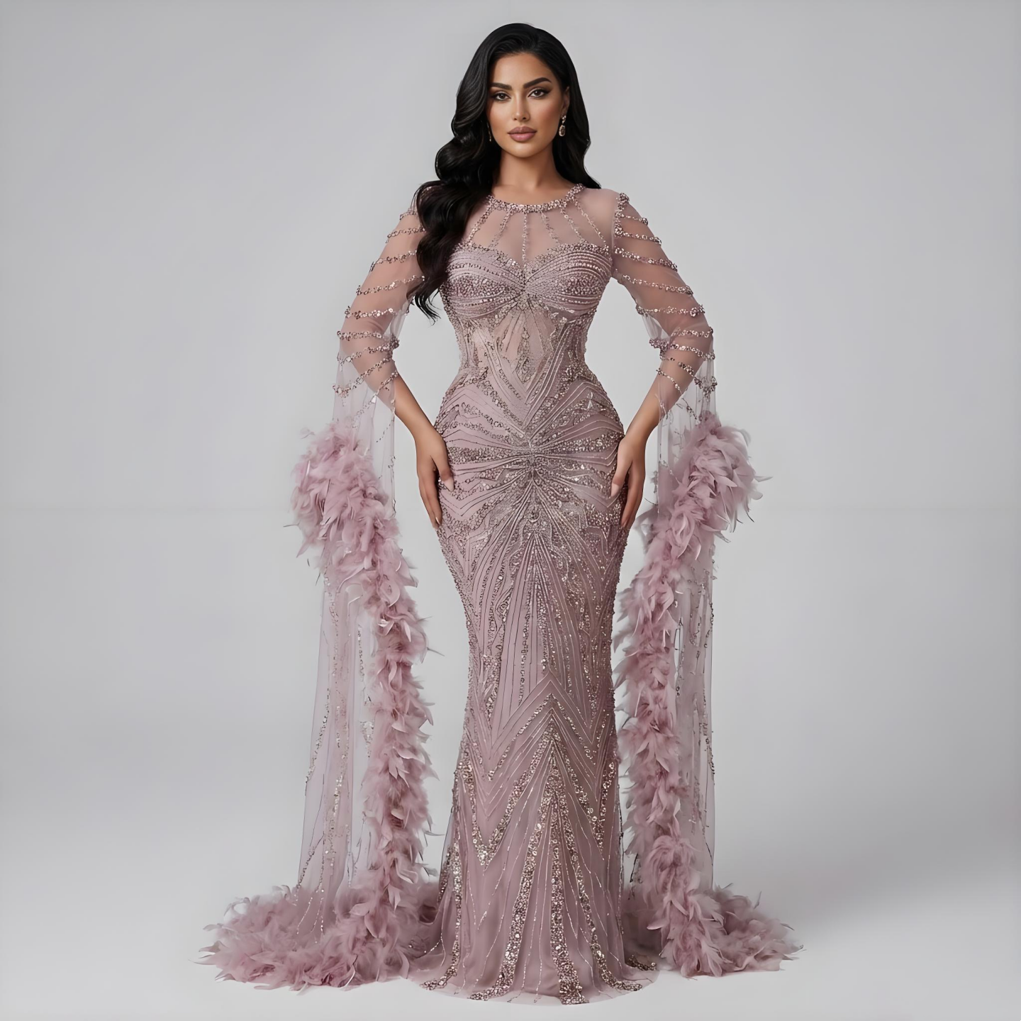 Modest Pink Feathers Long Cape Sleeves Mermaid Evening Dress LA72708A