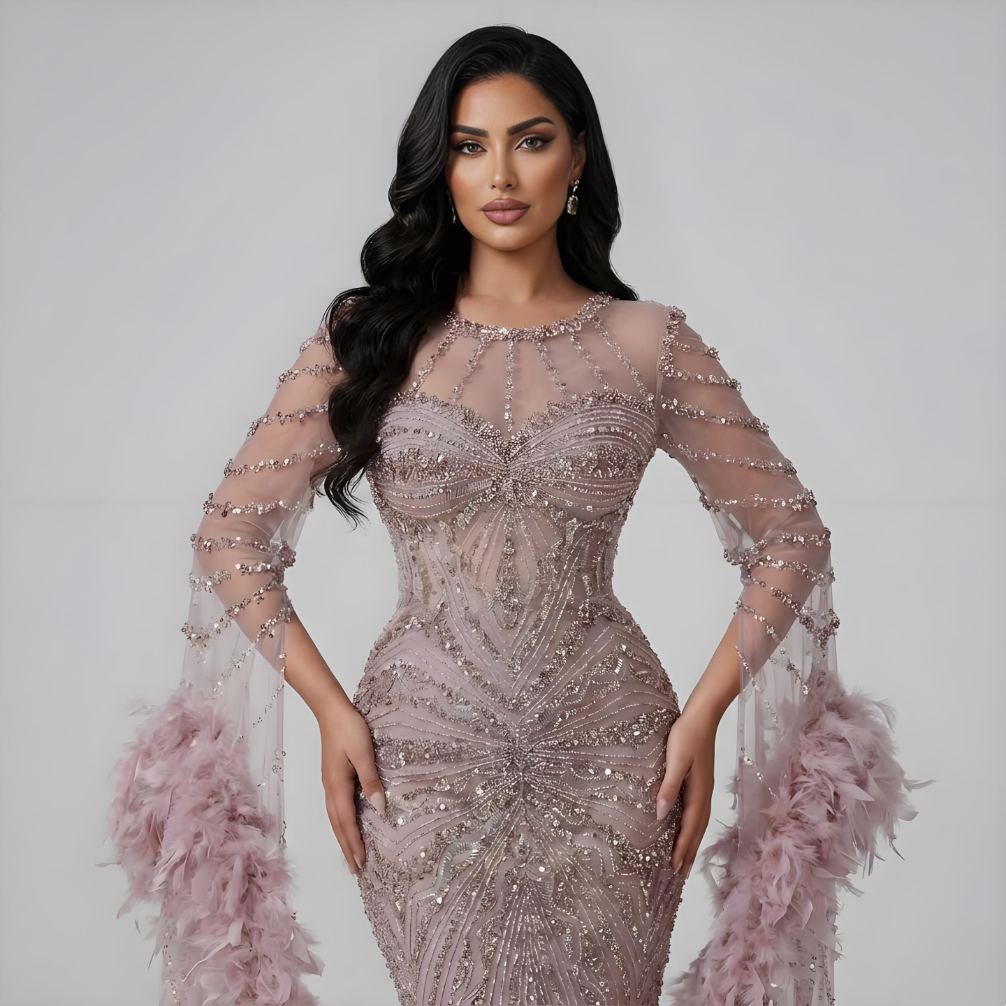 Modest Pink Feathers Long Cape Sleeves Mermaid Evening Dress LA72708A